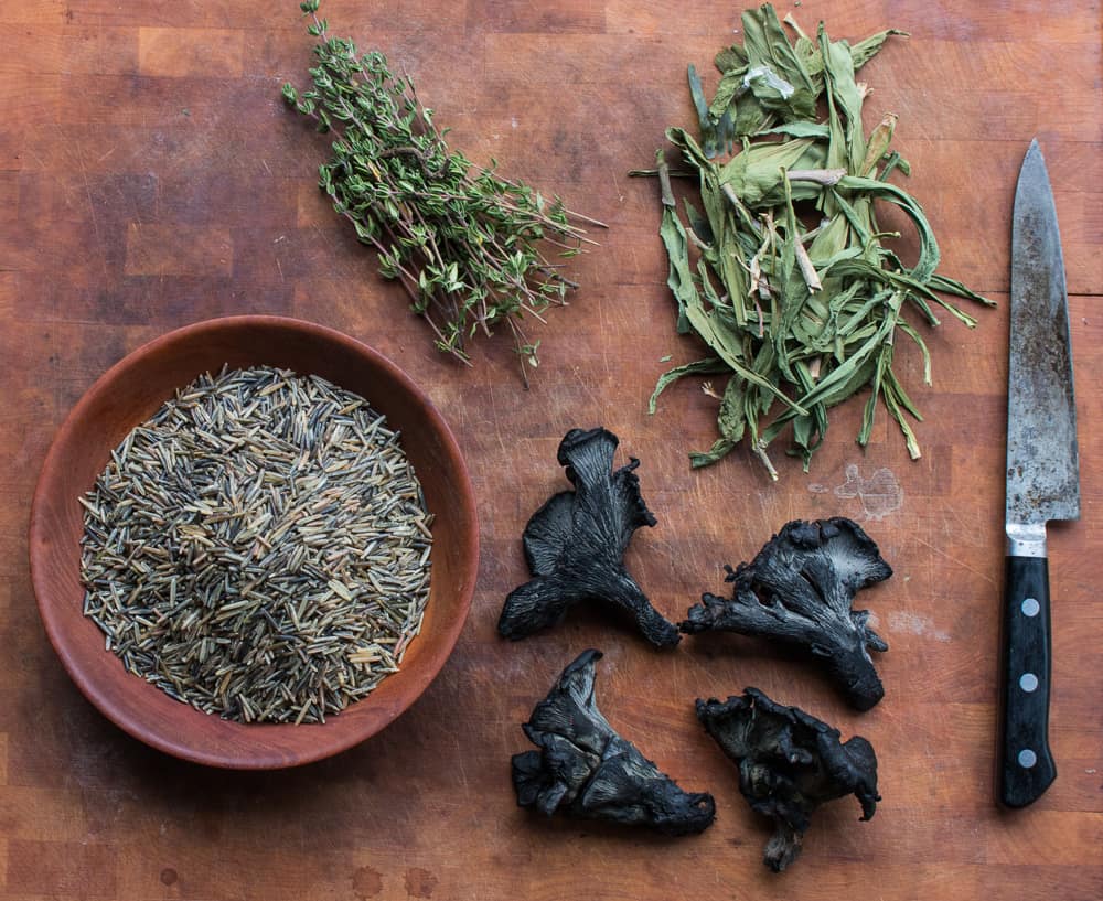 Parched wild rice with sharptail grouse, dried ramps, and blue chanterelles