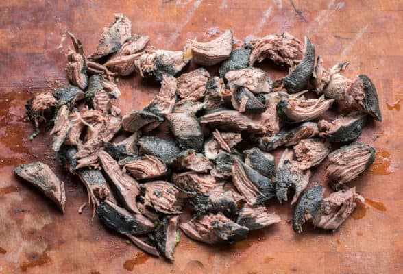 Sharptailed grouse cooked in polyozellus multiplex or blue chanterelle broth