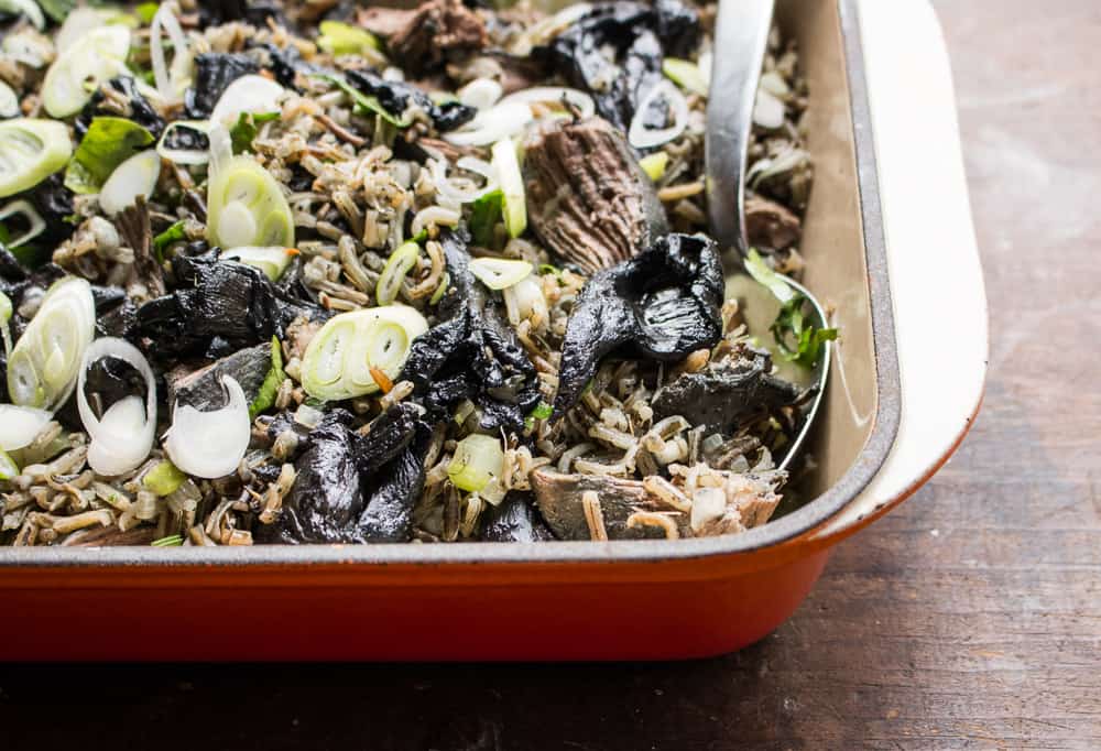 Parched wild rice with sharptail grouse, dried ramps, and blue chanterelles 