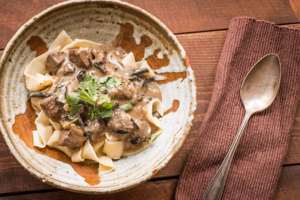 Venison stroganoff with dried wild mushrooms