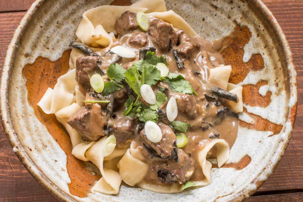 Venison stroganoff with dried wild mushrooms