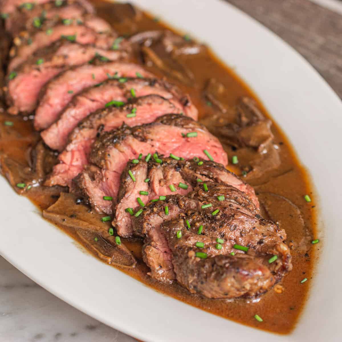 Peppercorn steak with dried wild mushroom sauce 