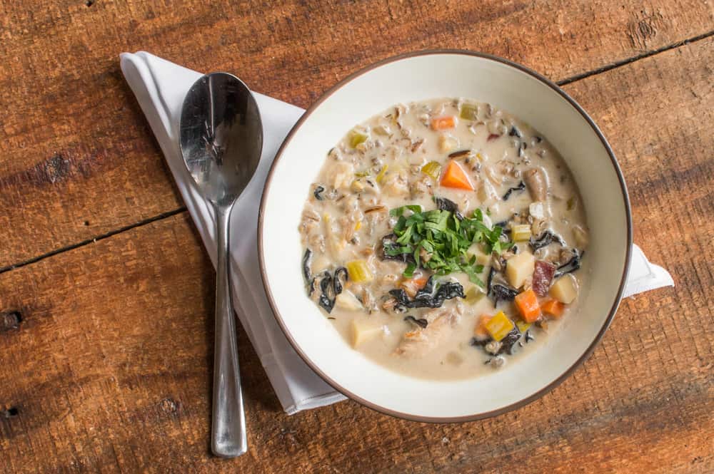 Turkey carcass soup with parched wild rice and black trumpet mushrooms recipe