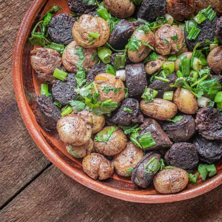 Fried blood sausage and potato hash