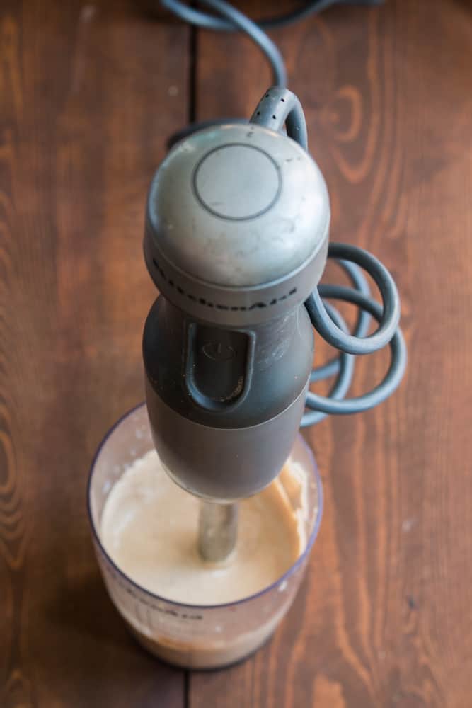 Using a handblender for porcini aioli 