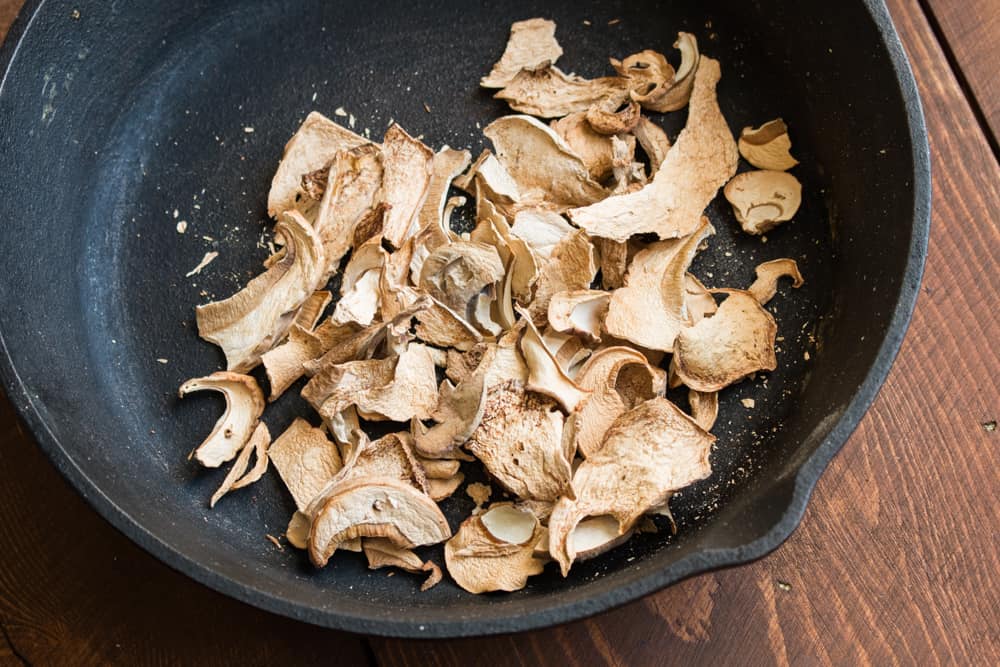 Toasting dried wild porcini in cast iron