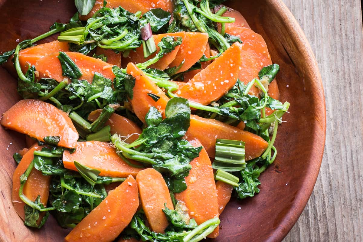 Glazed carrots with watercress and ramp leaves recipe(5)