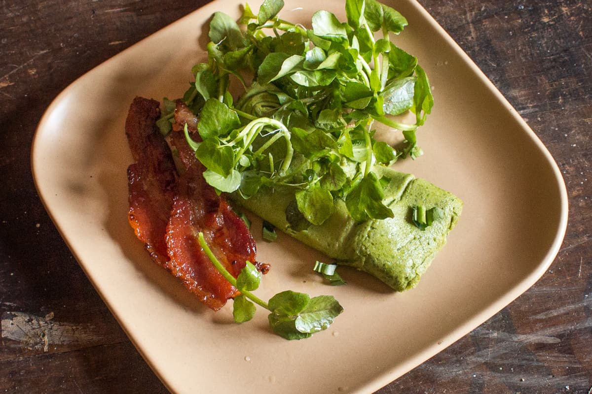 Watercress omelet recipe with a watercress salad (green eggs and ham)