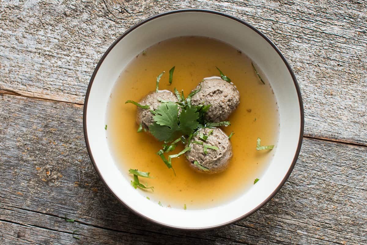 Venison braunshweiger dumplings in broth