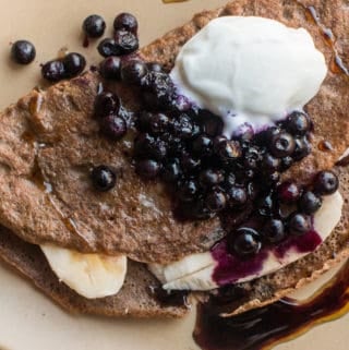Acorn flour crepe with bananas, yogurt, blueberries and maple syrup