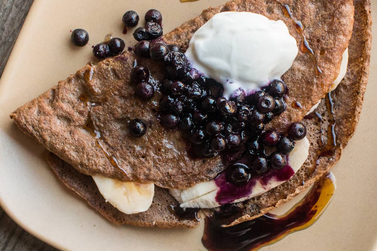 Acorn flour crepe with bananas, yogurt, blueberries and maple syrup