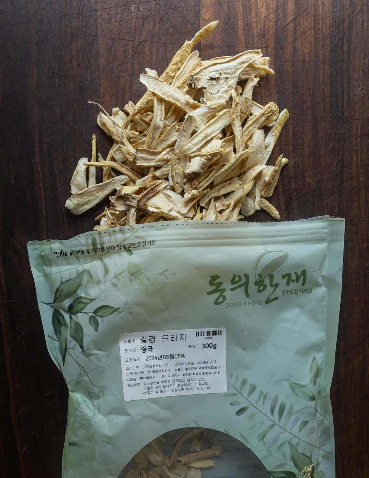 A bag of doraji bellflower roots from an Asian grocer.