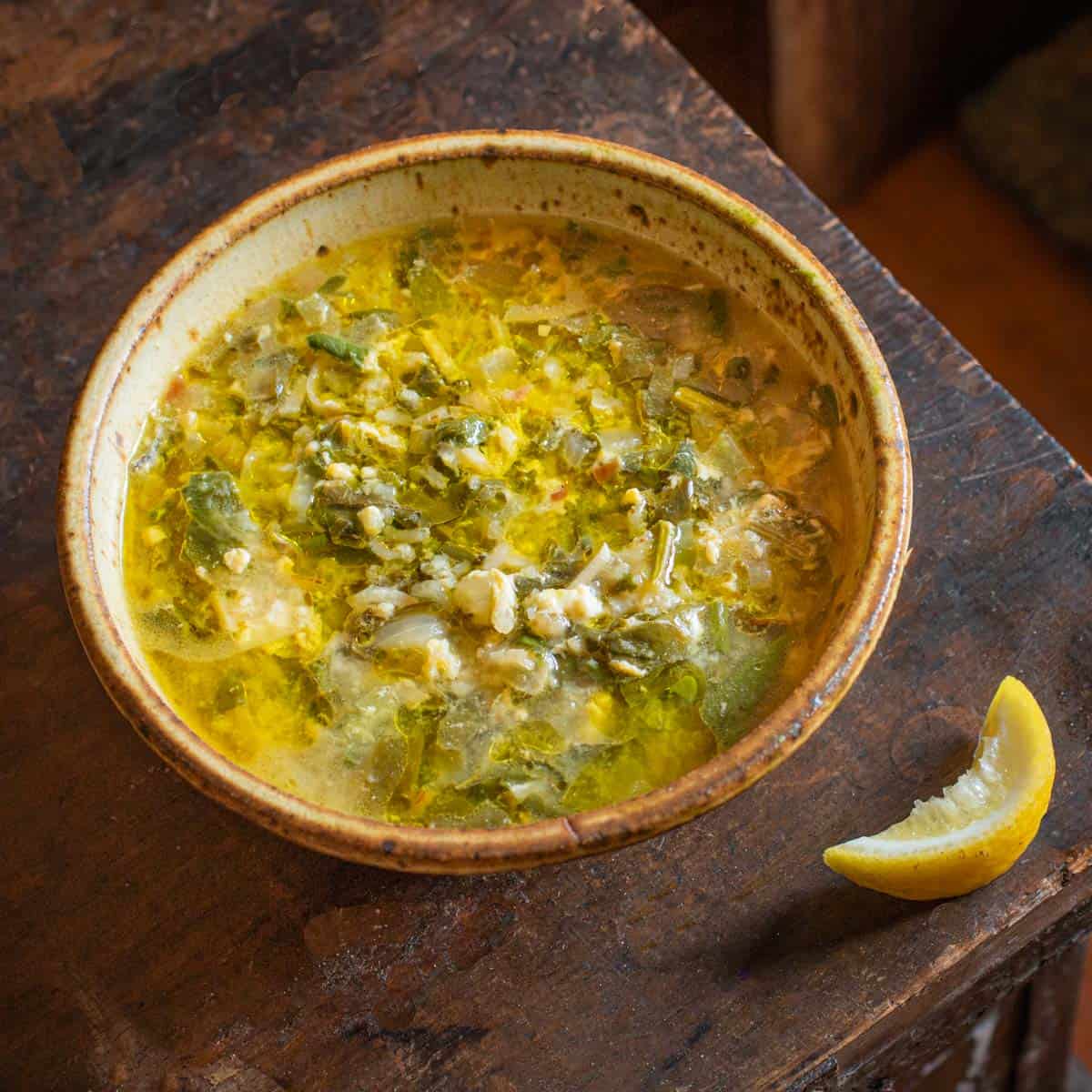 Mediterranean style dock soup with rice, egg and lemon recipe