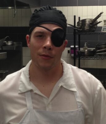 chef with bells palsy and eye patch from lyme disease 