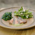 Pastured beef flank steak with ramp leaf salsa verde, glazed nettles, spring beauty, toothwort and watercress salad