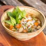 Burdock flower stalk vegetable soup with chicken of the woods mushrooms recipe