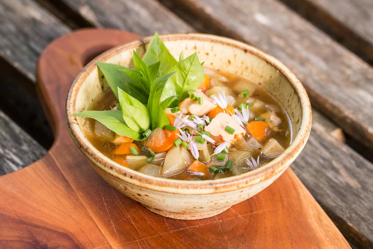 Burdock flower stalk vegetable soup with chicken of the woods mushrooms recipe