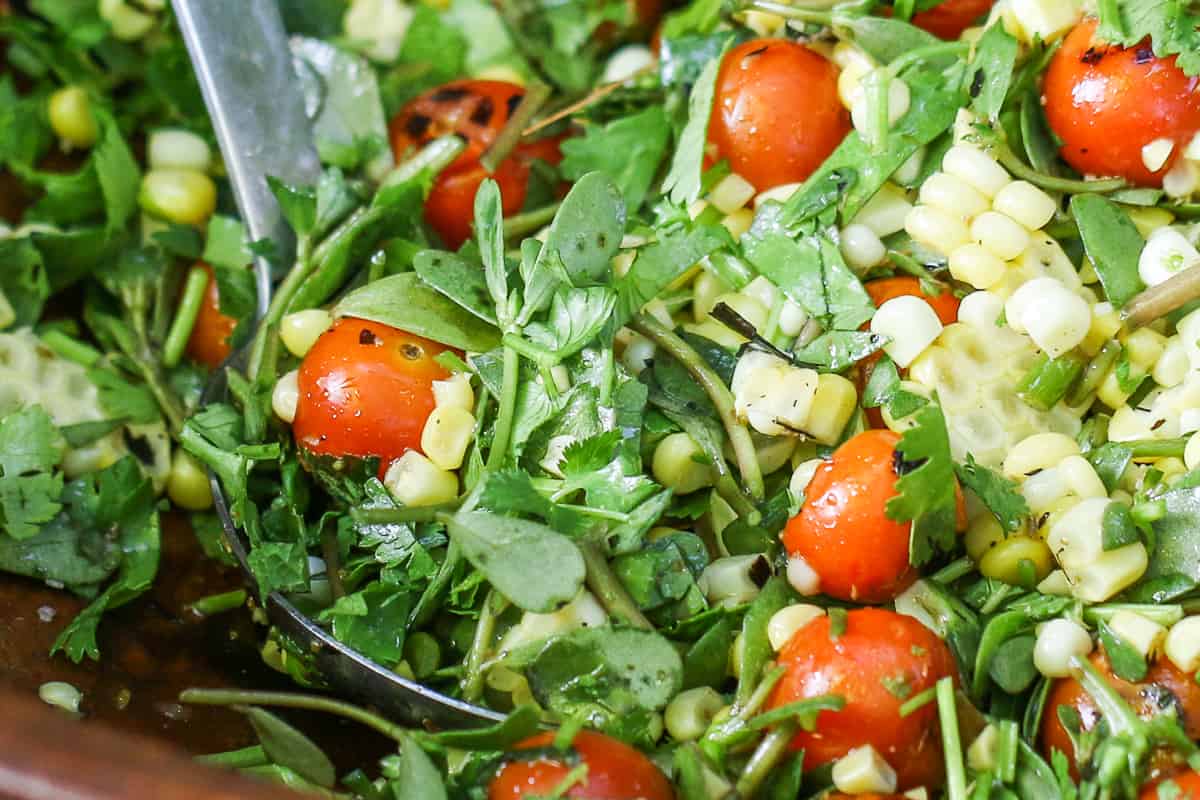 Mexican inspired purslane salad with sweet corn and tomatoes recipe