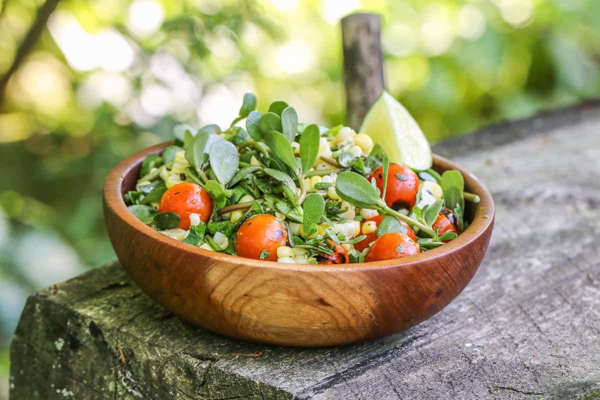 Mexican inspired purslane salad with sweet corn and tomatoes recipe