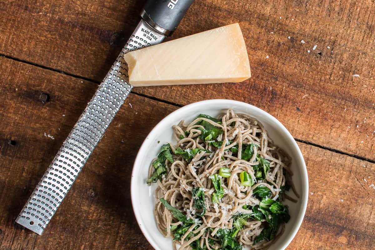 Wild rice flour spaghetti with brown butter, wild chervil and parmesan 