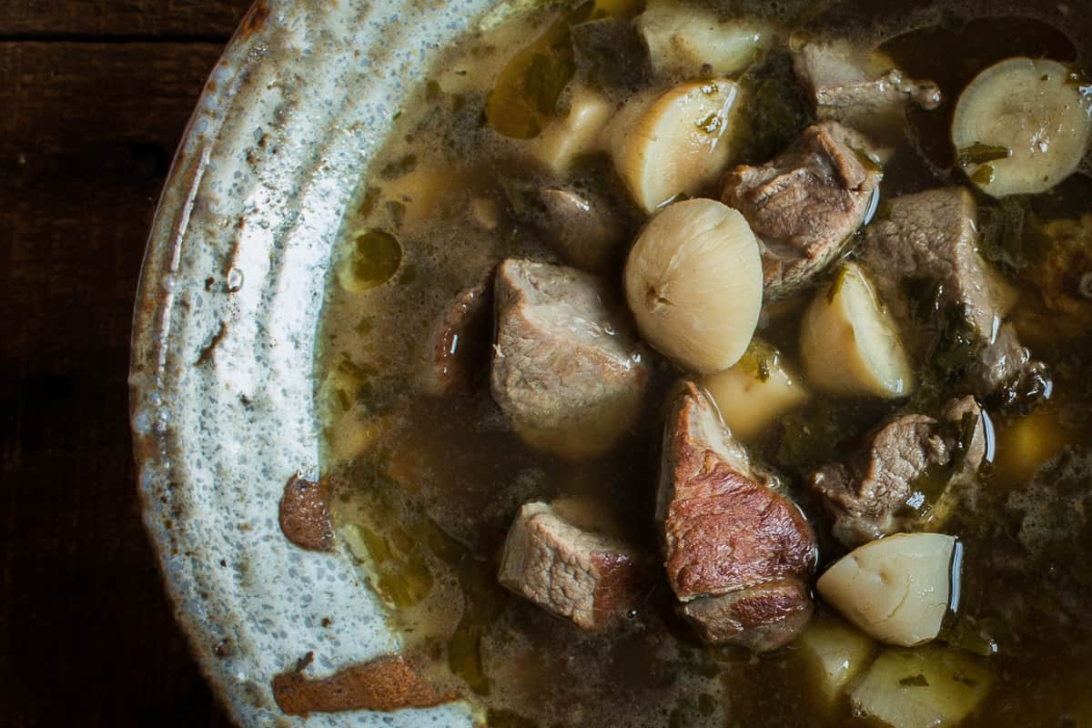 Bison wohanpi stew with timpsila, sunchokes, wild onions and hickory nut oil 