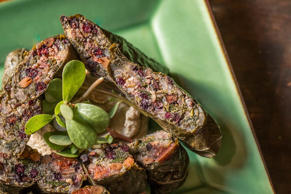 Fermented wild grape leaves stuffed with blueberries and pine nuts