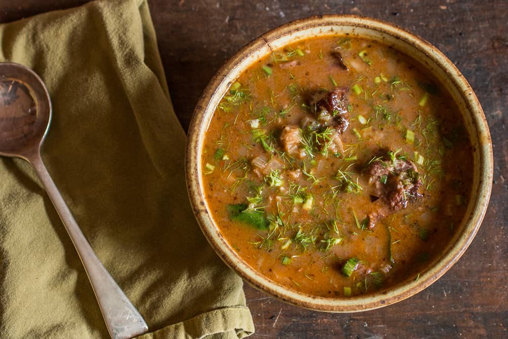 Sweet and sour venison Kharcho stew with wild plum leather recipe