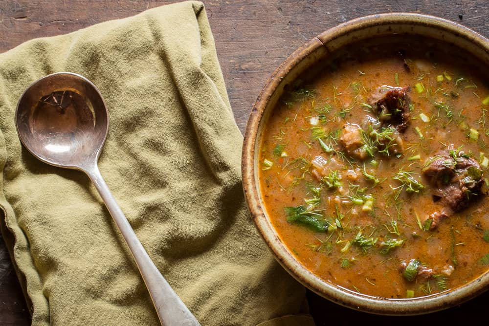 Sweet and sour venison Kharcho stew with wild plum leather 