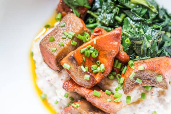 Lobster mushroom confit recipe with polenta and wilted greens