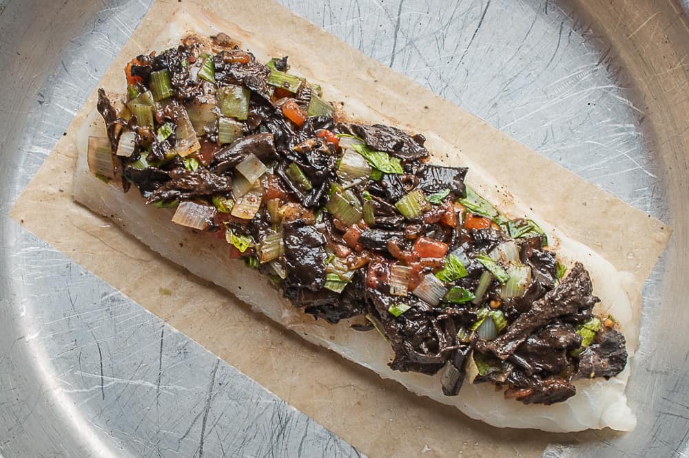 Baked cod with black trumpet mushroom crust recipe