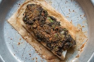 Baked cod with black trumpet mushroom crust recipe