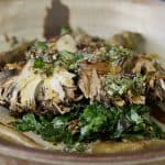 hen of the woods mushroom with prickly ash sauce, sunchokes and wild greens