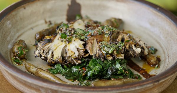 hen of the woods mushroom with prickly ash sauce, sunchokes and wild greens