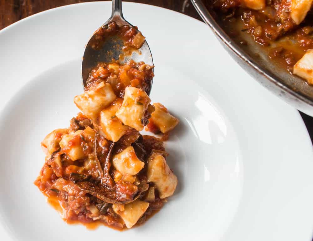 Gnocchi with tomato sauce and dried bolete mushroom ragu recipe 