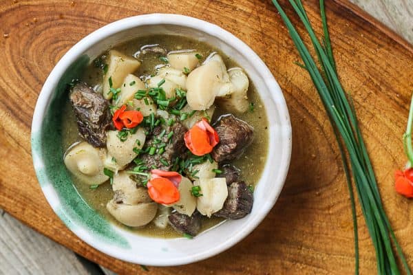 Buffalo stew with ramps and hominy recipe