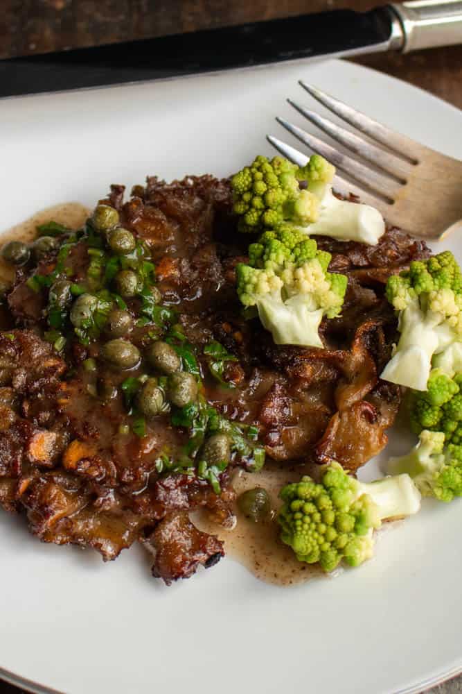 Cauliflower mushroom steak recipe with caper pan sauce and romanesco