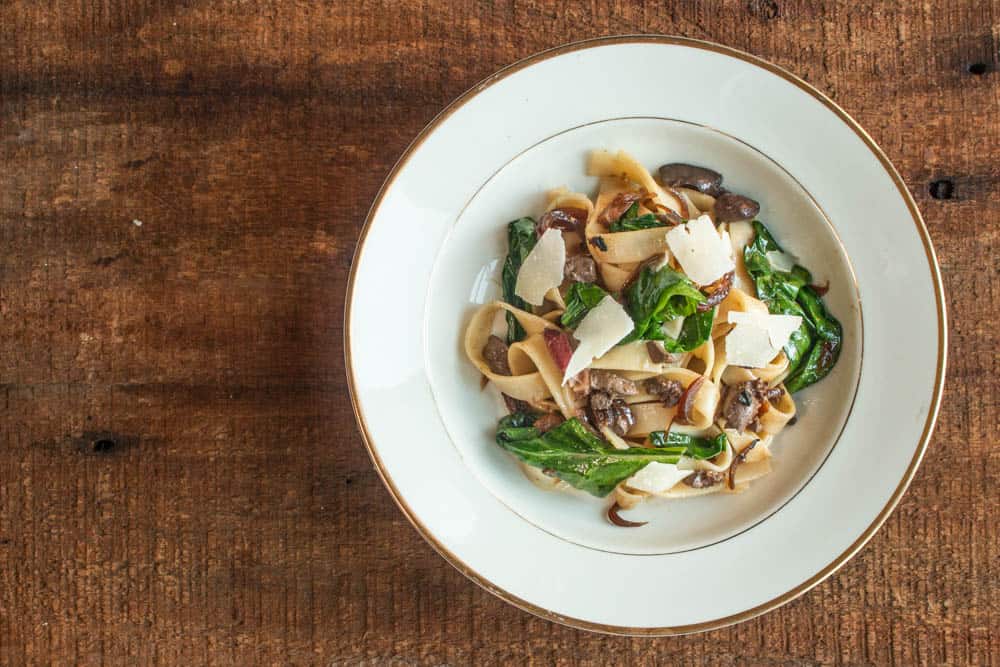 Tuscan fettucine with squirrel or rabbit giblets, bacon and spinach recipe