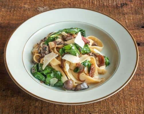 Tuscan fettucine with squirrel or rabbit offal, bacon and spinach recipe