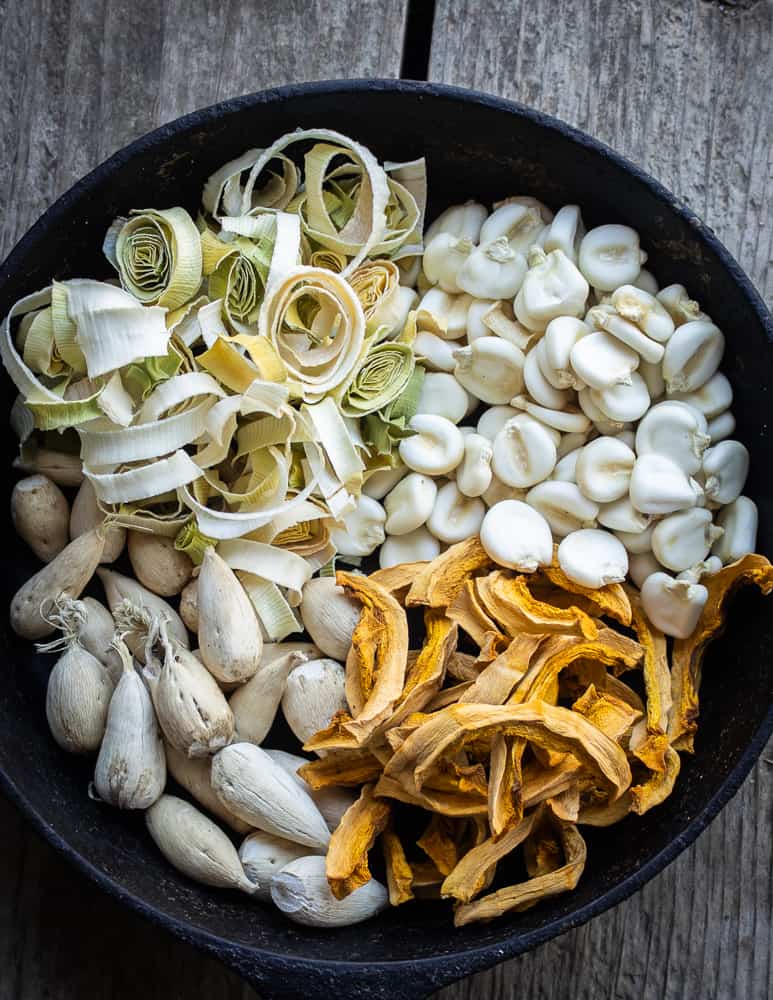 dried timpsila or prairie turnips, hominy, squash and leeks