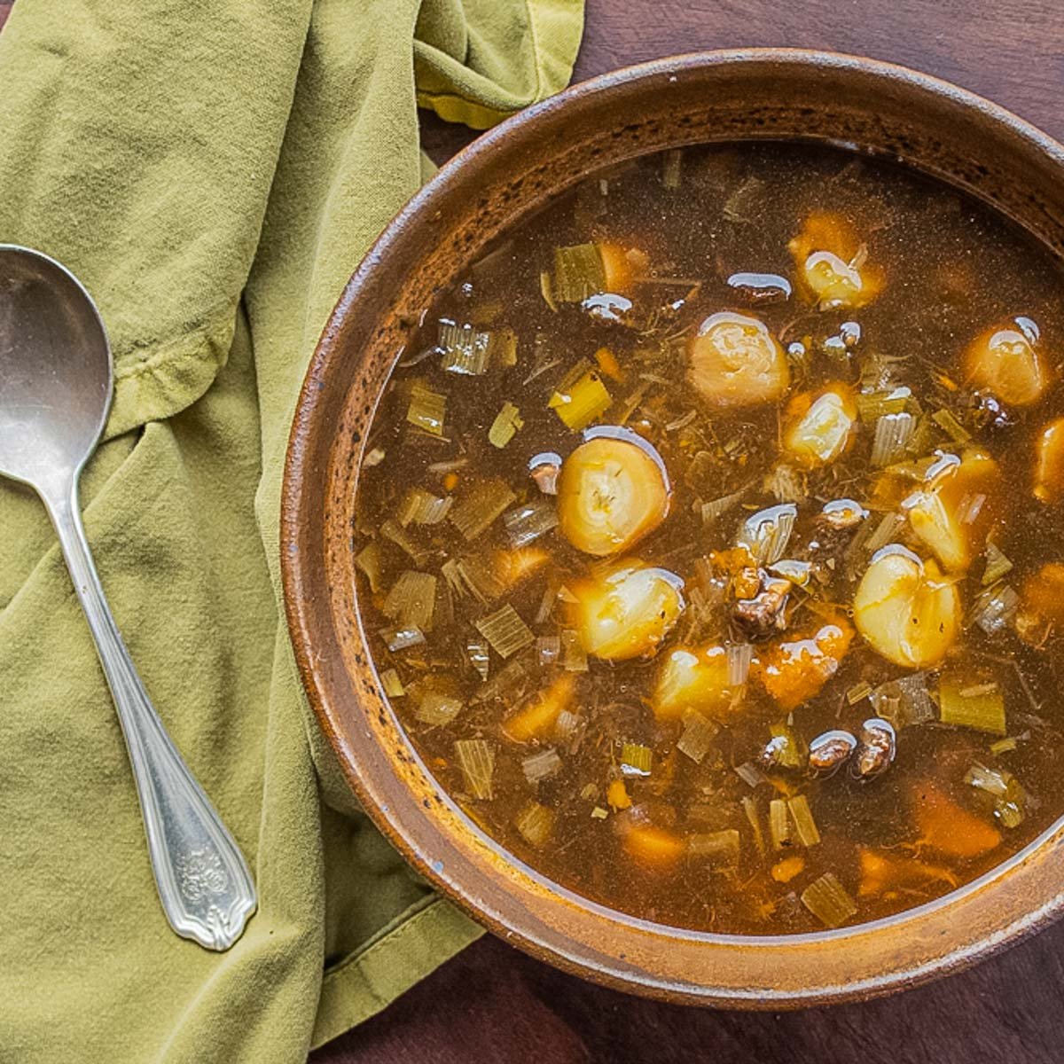 Dried venison soup with timpsila or prairie turnips (Bapa Wohanpi)