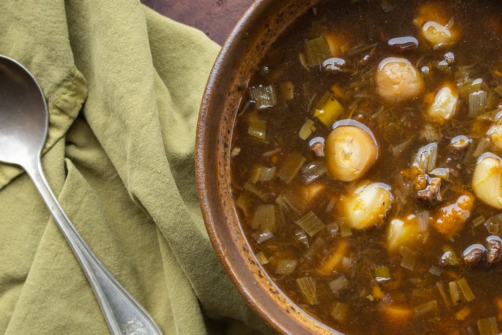 Dried venison soup with timpsila or prairie turnips (Bapa Wohanpi) 