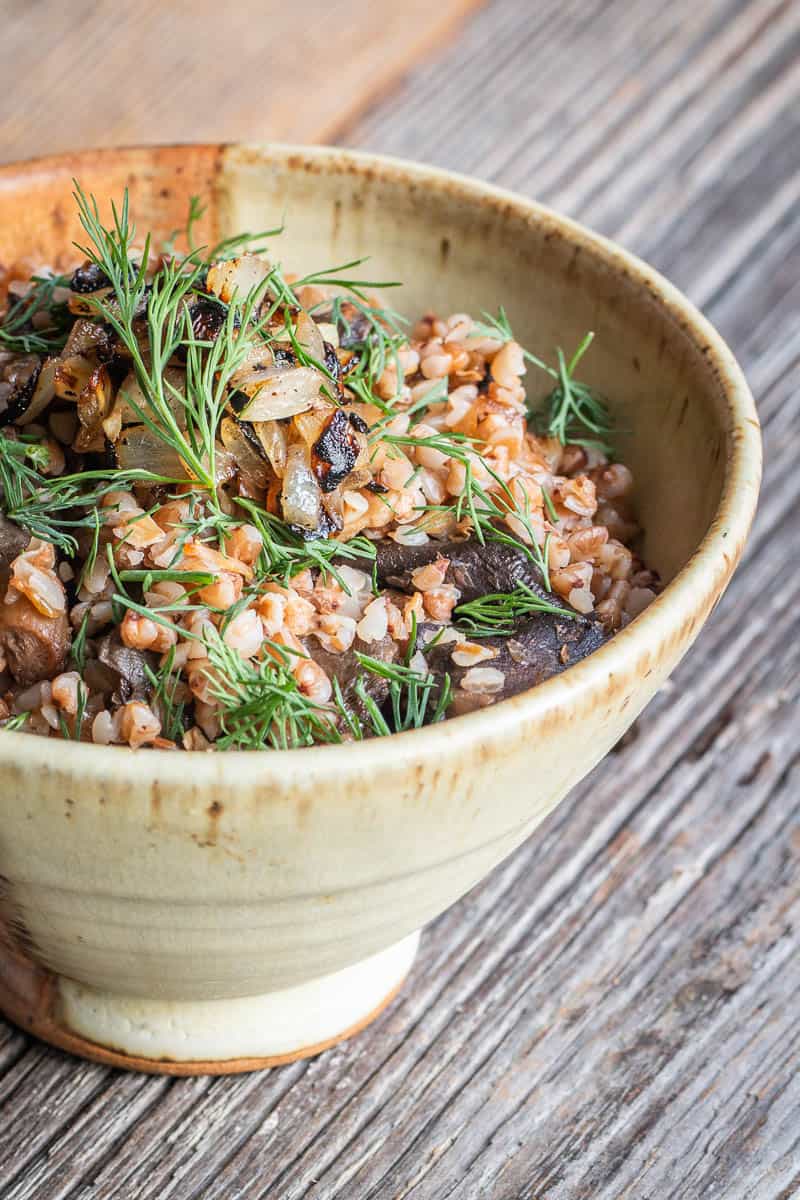Buckwheat kasha with wild mushrooms, caramelized onions and dill recipe