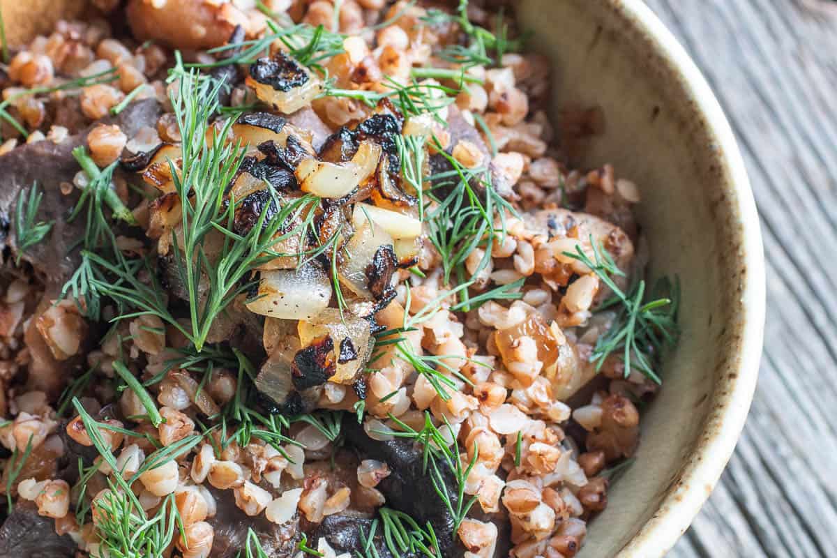 Buckwheat kasha with wild mushrooms, caramelized onions and dill recipe