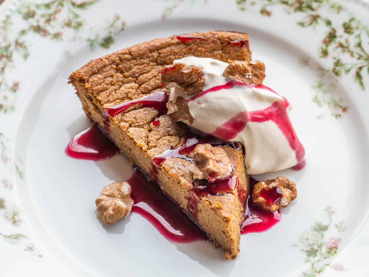 Hackberry souffle with chokecherry sauce and black walnuts 