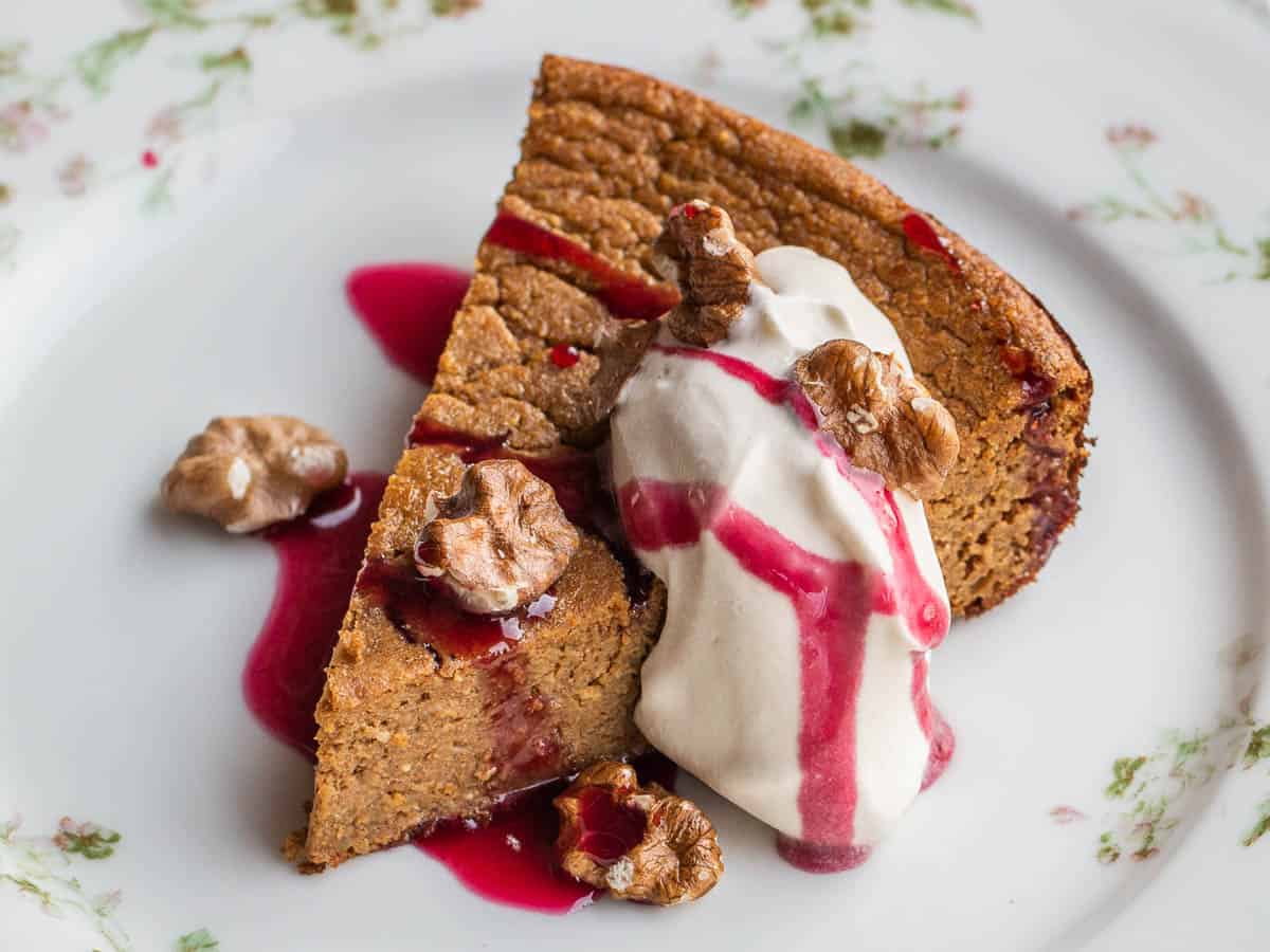 Hackberry souffle with chokecherry sauce and black walnuts 