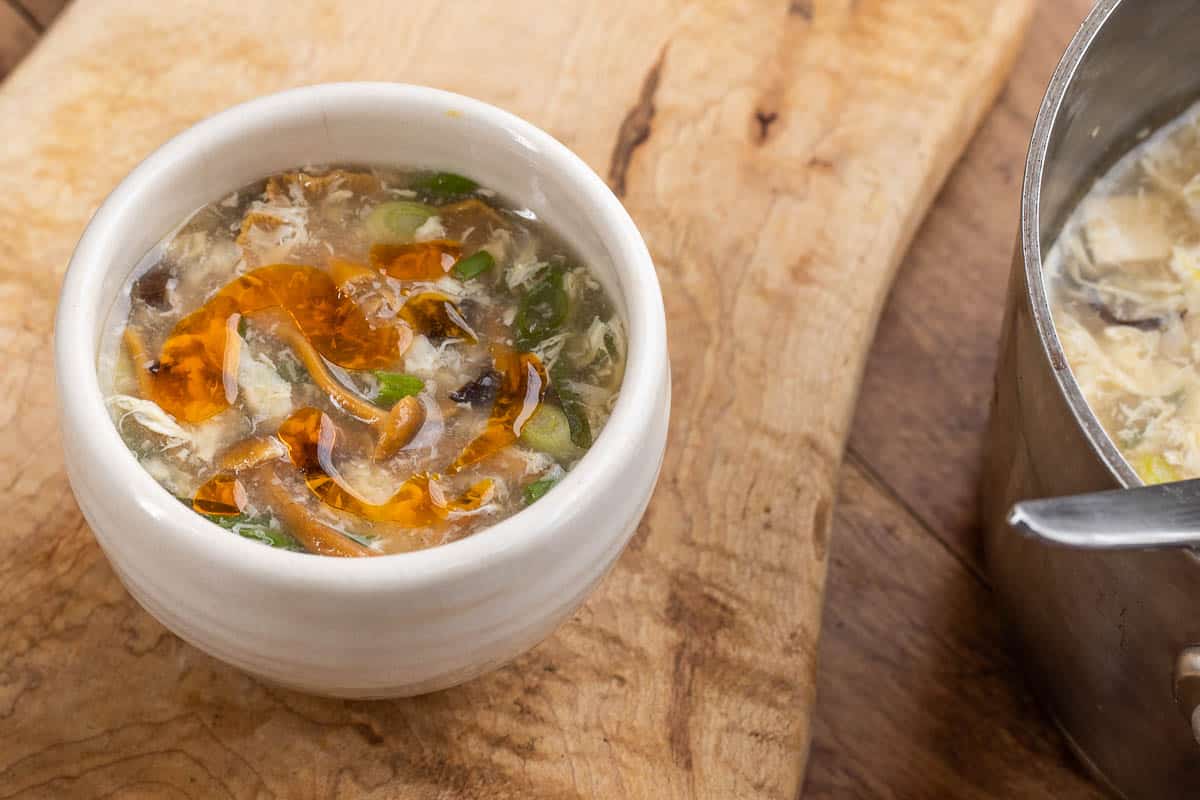 Hot and sour soup with wood ear and yellowfoot mushrooms