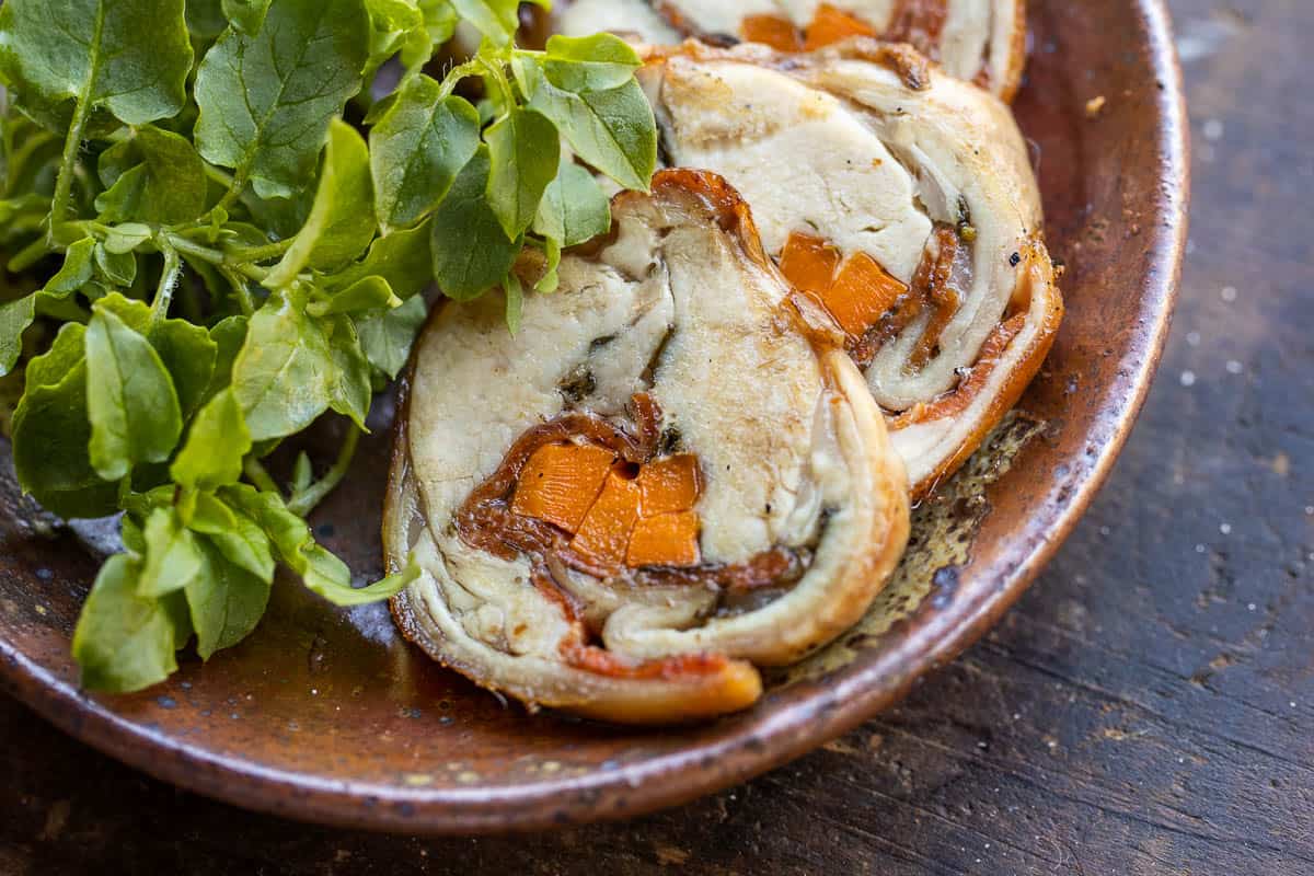 boneless rabbit roulade with a green salad 