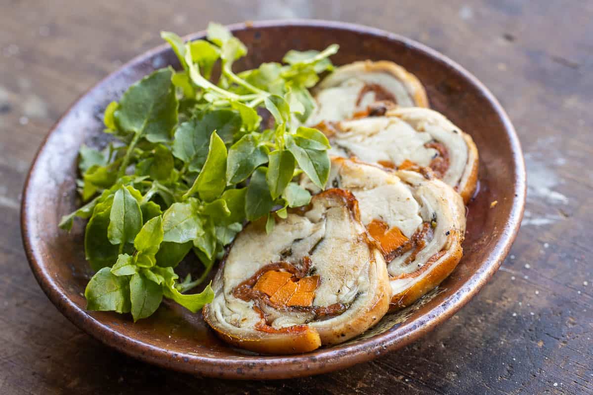 boneless rabbit roulade with a green salad 