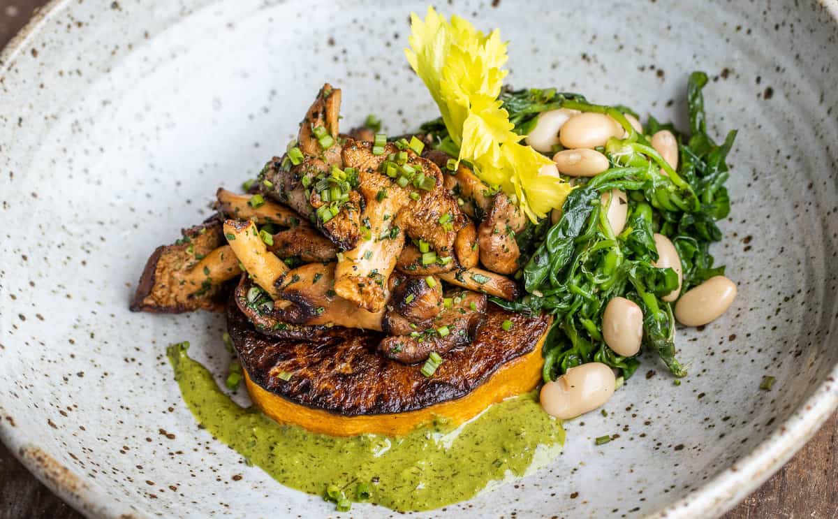 Butternut squash steaks with hedgehog mushrooms, watercress and salsa verde (5)