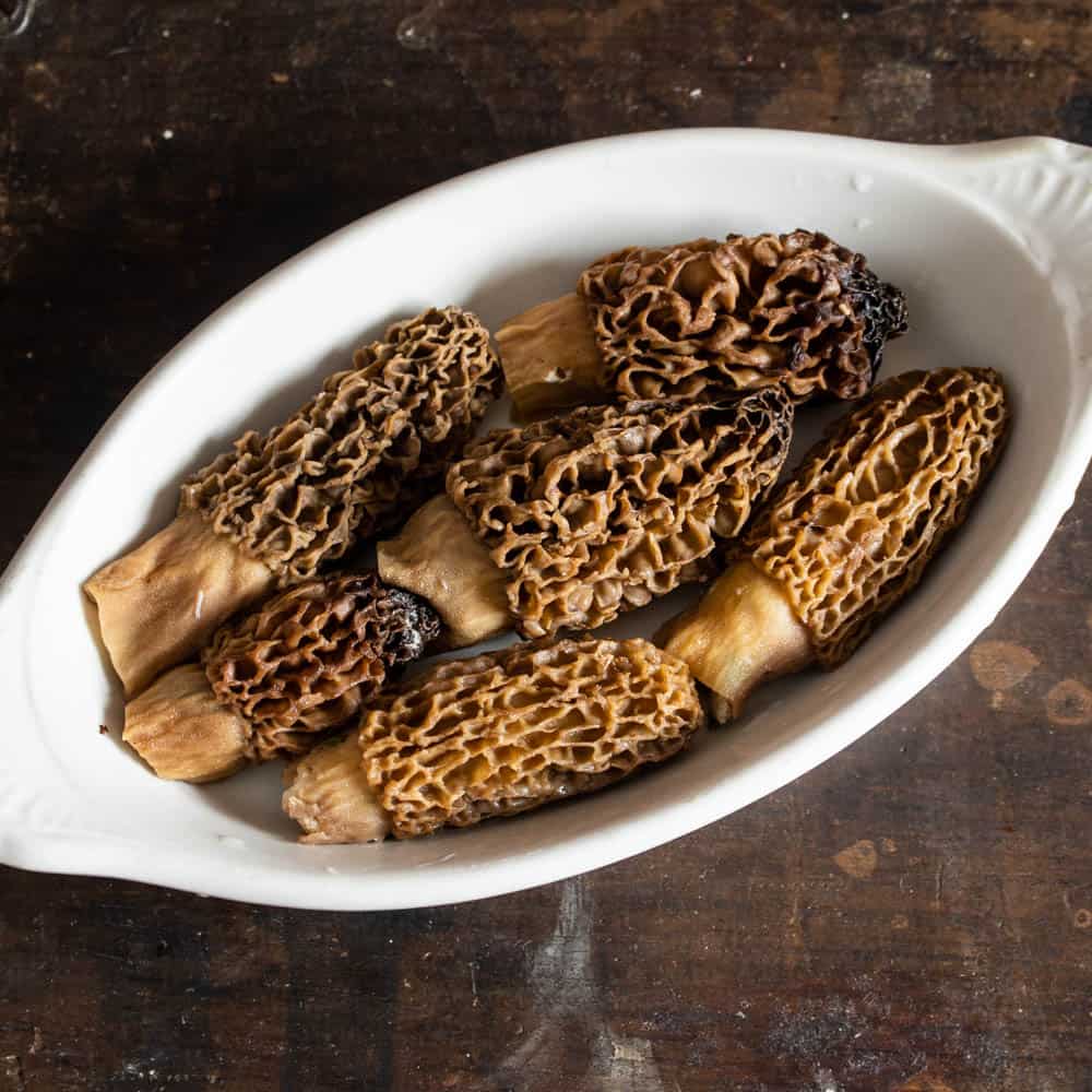 Dried morel mushrooms stuffed with crab meat